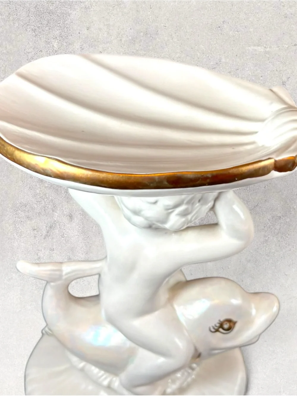 Vintage Holland Mold Ceramic Cherub Riding Dolphin Shell Dish Soap Trinket 8